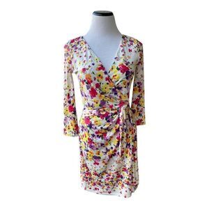 Jessica Simpson White Pink Faux Wrap Dress Contemporary Size 4 3/4 Sleeves EUC